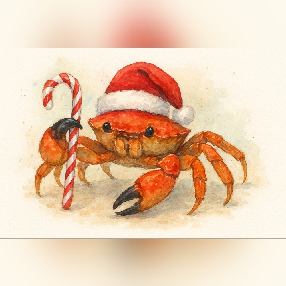 Festive Crab with Candy Cane Holiday Decor Art Print
